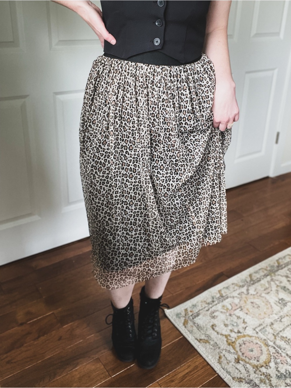 Leopard Print Midi Skirt | Beige Black cheetah tulle pleated elastic waist sz L - Picture 2 of 8